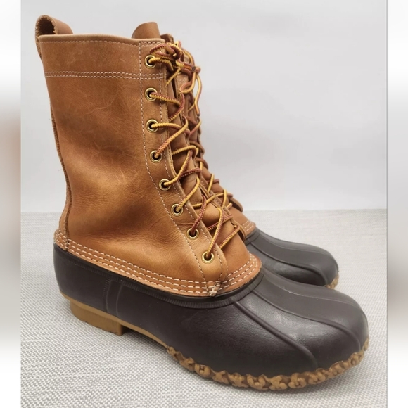 LL Bean duck boots size 7 M hunting waterproof rain rubber leather brown tan - Picture 1 of 15